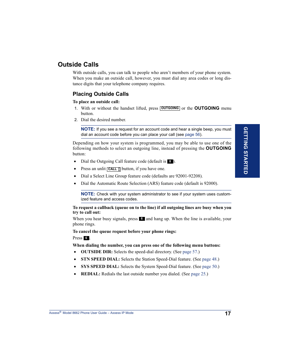 Outside calls, Placing outside calls | Inter-Tel AXXESS 8662 User Manual | Page 27 / 90