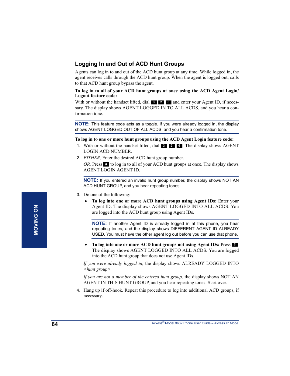 Logging in and out of acd hunt groups | Inter-Tel AXXESS 8662 User Manual | Page 74 / 90