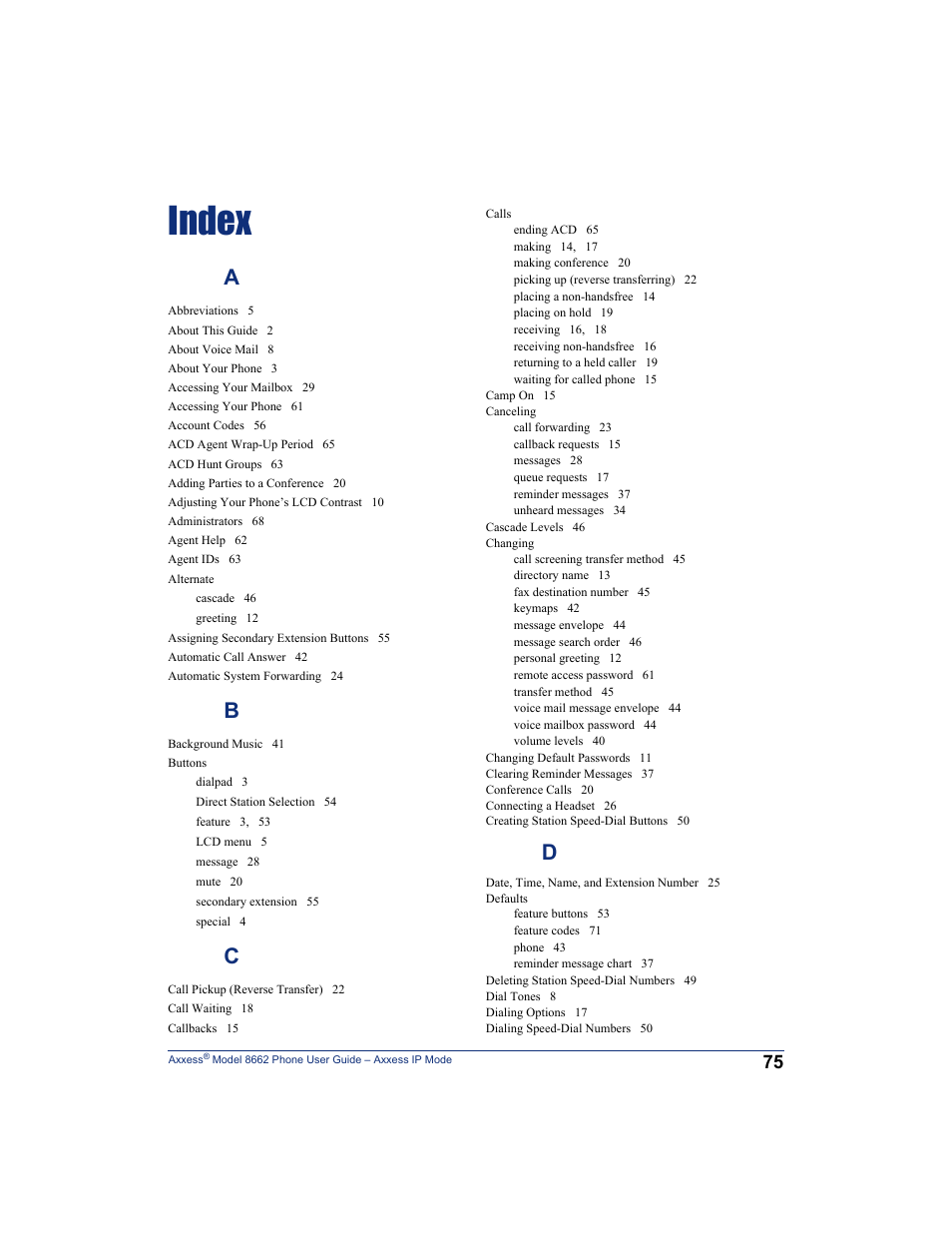 Index | Inter-Tel AXXESS 8662 User Manual | Page 85 / 90
