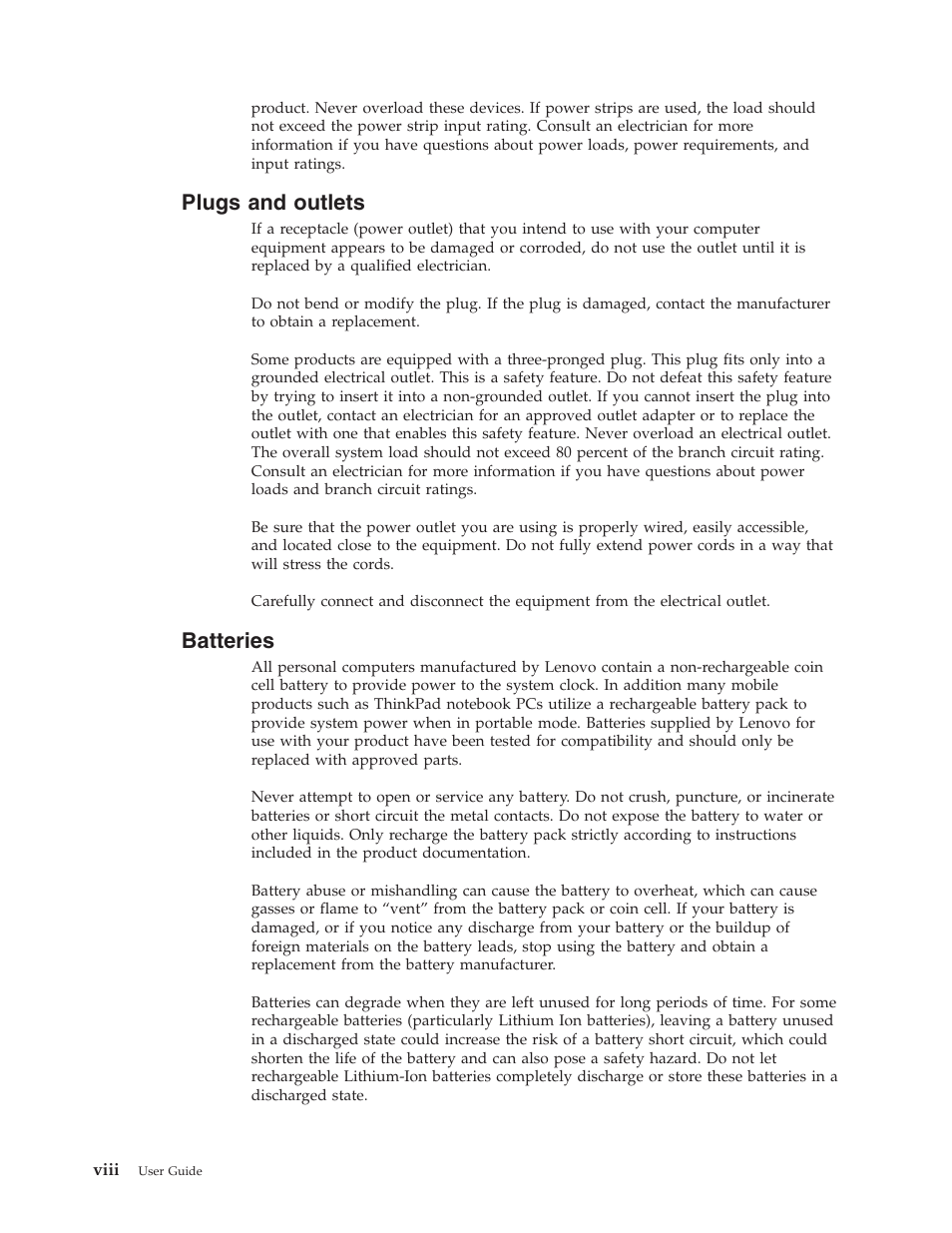 Plugs and outlets, Batteries, Plugs | Outlets, Viii | IBM Partner Pavilion 8124 User Manual | Page 10 / 64