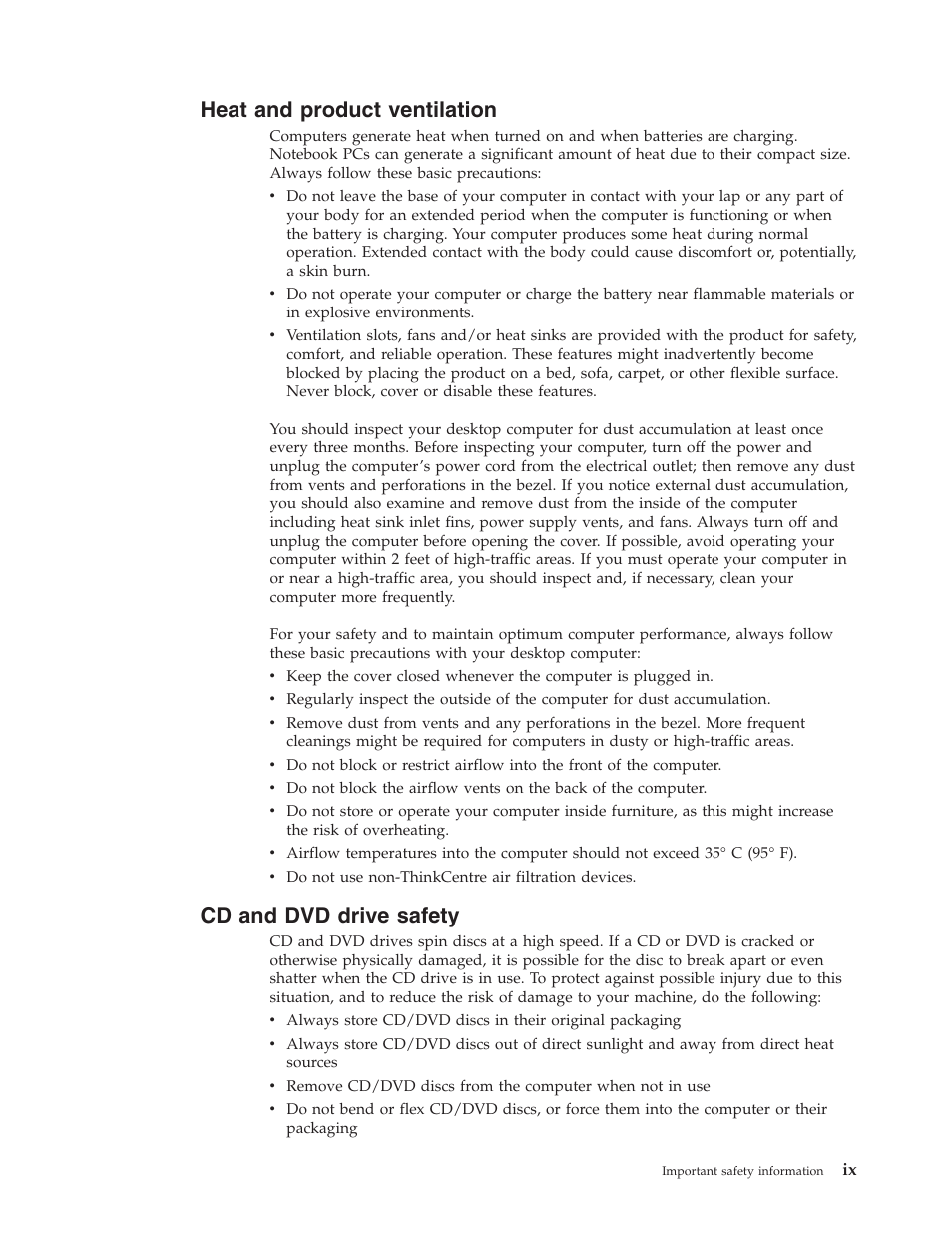 Heat and product ventilation, Cd and dvd drive safety, Heat | Product, Ventilation, Drive, Safety | IBM Partner Pavilion 8124 User Manual | Page 11 / 64
