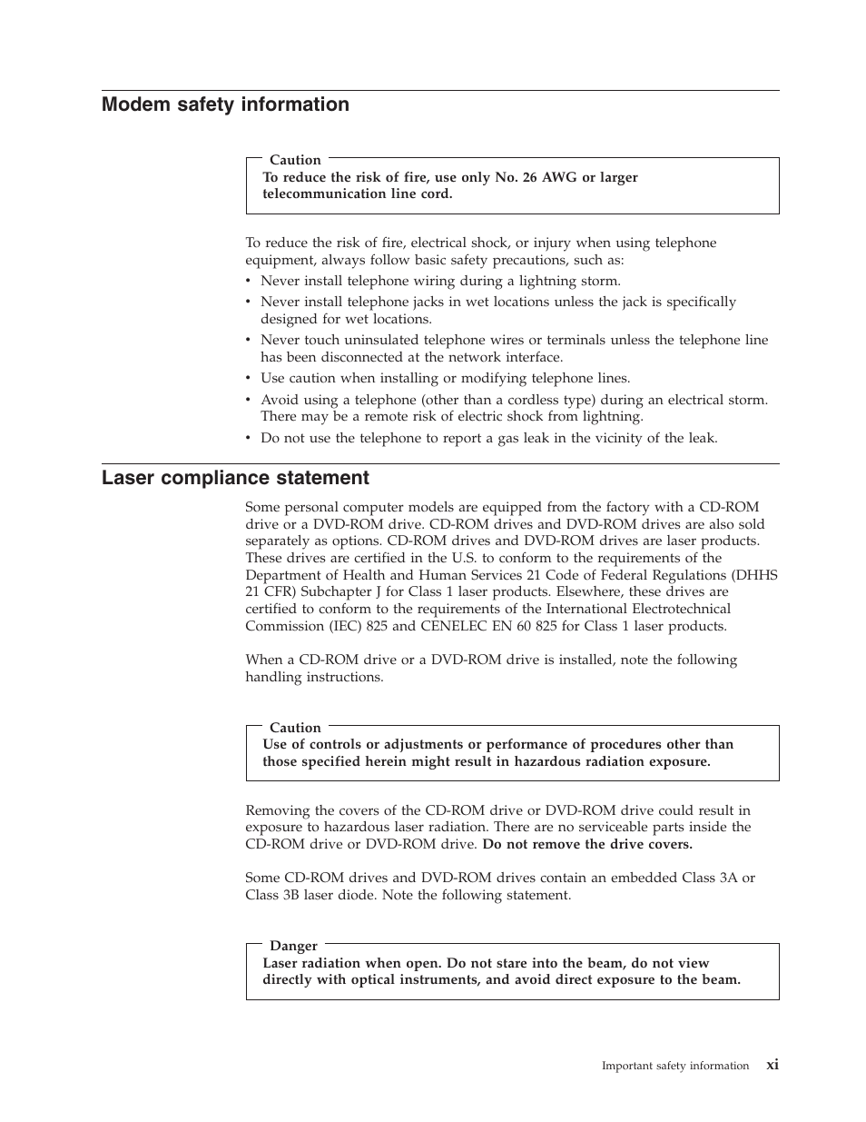 Modem safety information, Laser compliance statement, Modem | Safety, Information, Laser, Compliance, Statement | IBM Partner Pavilion 8124 User Manual | Page 13 / 64