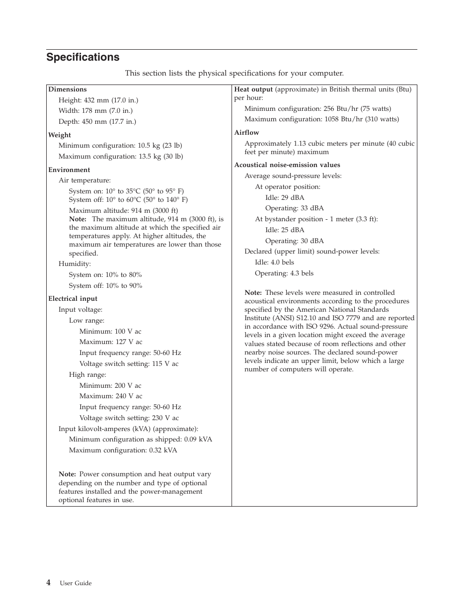 Specifications | IBM Partner Pavilion 8124 User Manual | Page 20 / 64