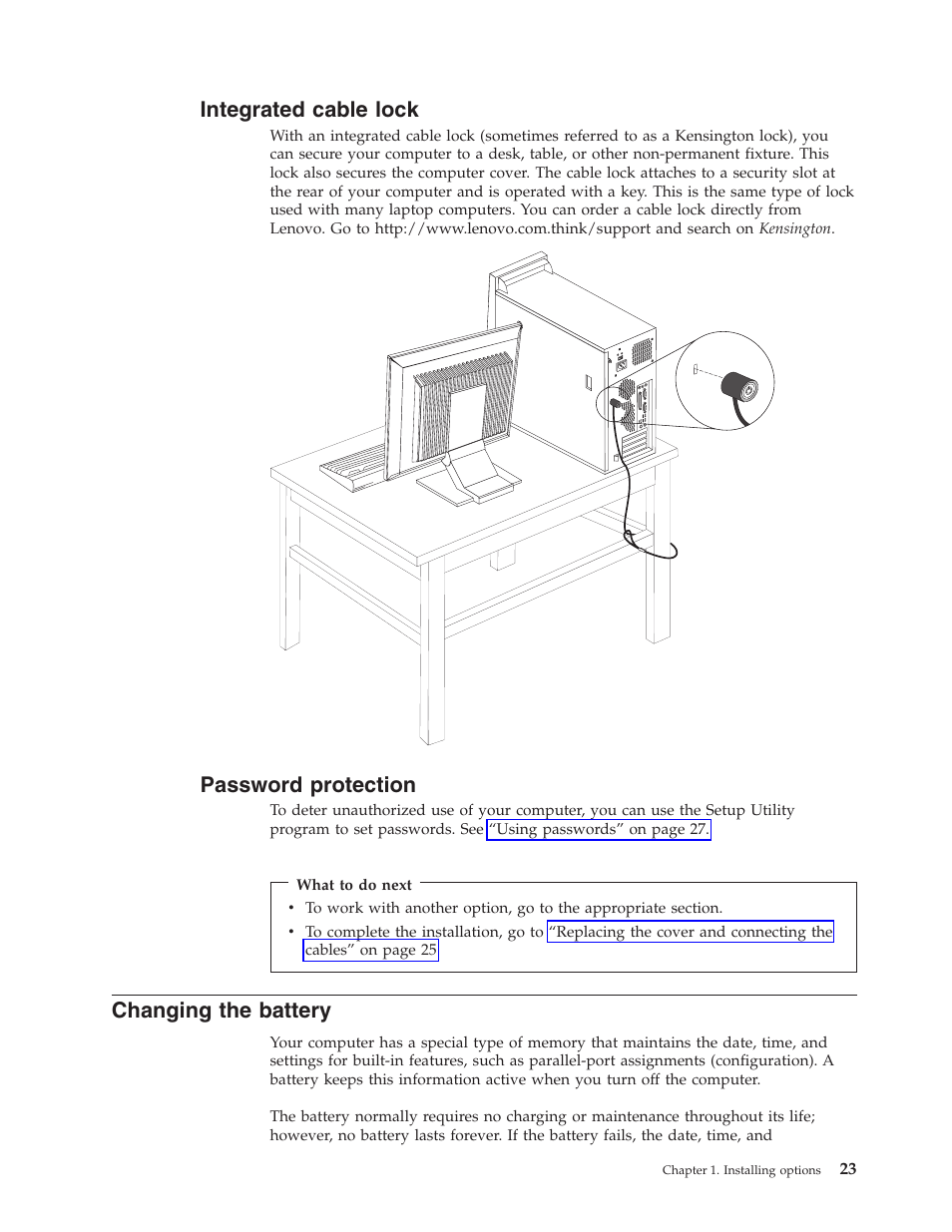 Integrated cable lock, Password protection, Changing the battery | Integrated, Cable, Lock, Password, Protection, Changing, Battery | IBM Partner Pavilion 8124 User Manual | Page 39 / 64