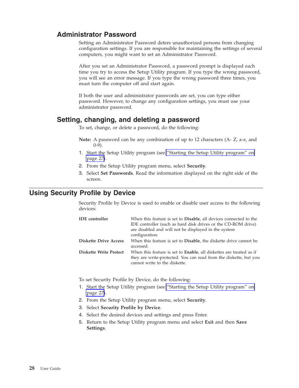 Administrator password, Setting, changing, and deleting a password, Using security profile by device | Administrator, Password, Setting, Changing, Deleting, Using, Security | IBM Partner Pavilion 8124 User Manual | Page 44 / 64