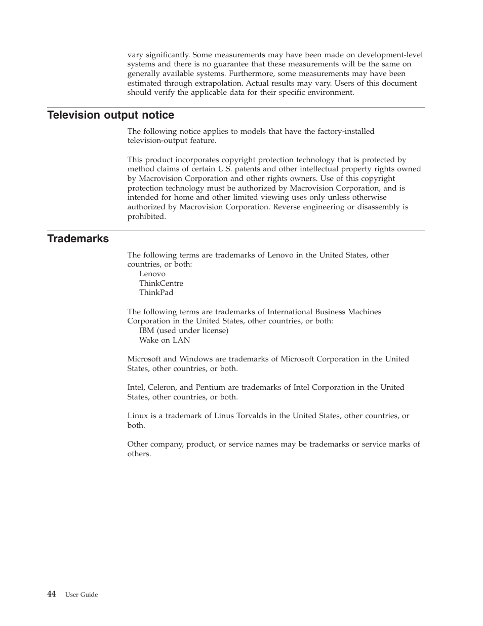 Television output notice, Trademarks, Television | Output, Notice | IBM Partner Pavilion 8124 User Manual | Page 60 / 64