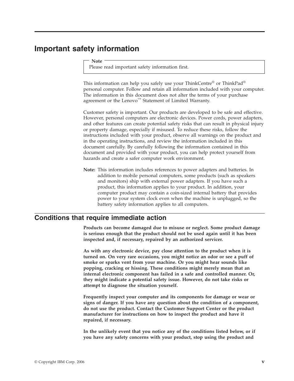 Important safety information, Conditions that require immediate action, Important | Safety, Information, Conditions, That, Require, Immediate, Action | IBM Partner Pavilion 8124 User Manual | Page 7 / 64