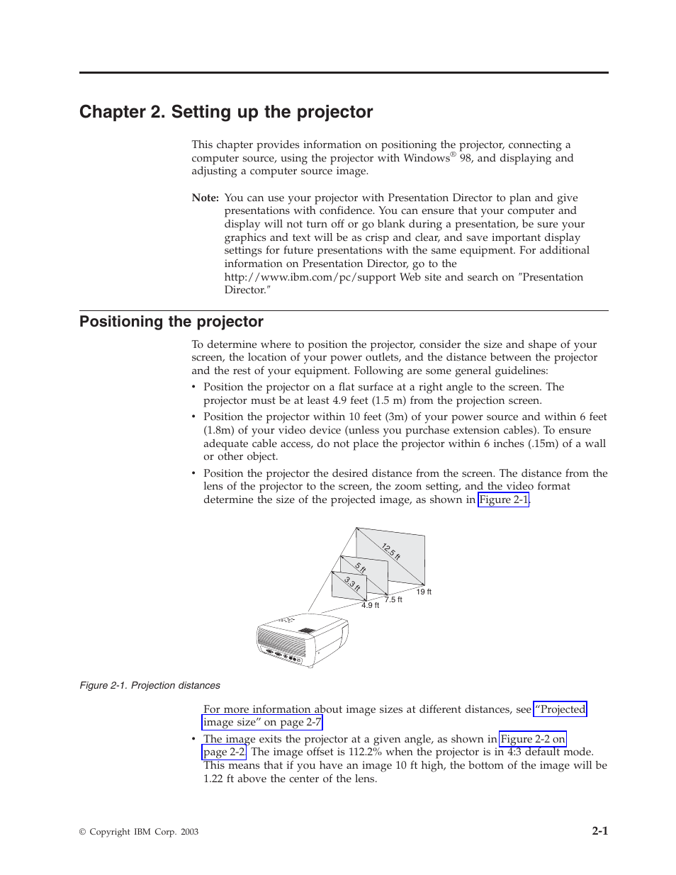 Chapter 2. setting up the projector, Positioning the projector, Chapter 2. setting up the projector -1 | IBM Partner Pavilion iLV300 User Manual | Page 13 / 74
