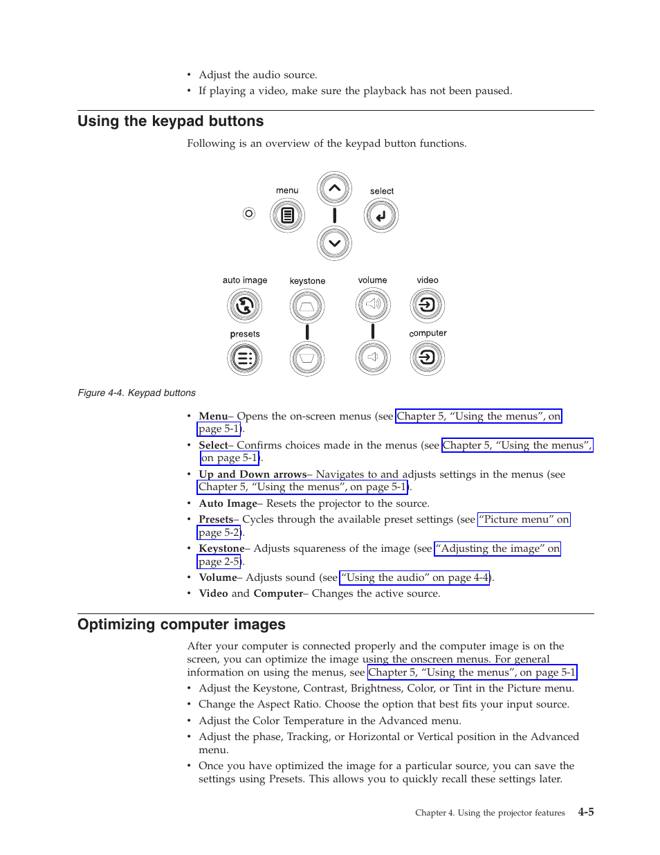 Using the keypad buttons, Optimizing computer images | IBM Partner Pavilion iLV300 User Manual | Page 31 / 74