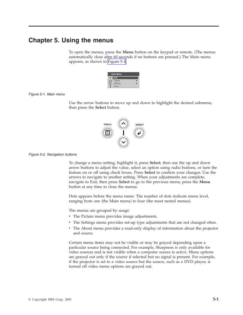 Chapter 5. using the menus, Chapter 5. using the menus -1, Chapter 5, “using the menus”, on | Chapter 5, “using the menus | IBM Partner Pavilion iLV300 User Manual | Page 35 / 74