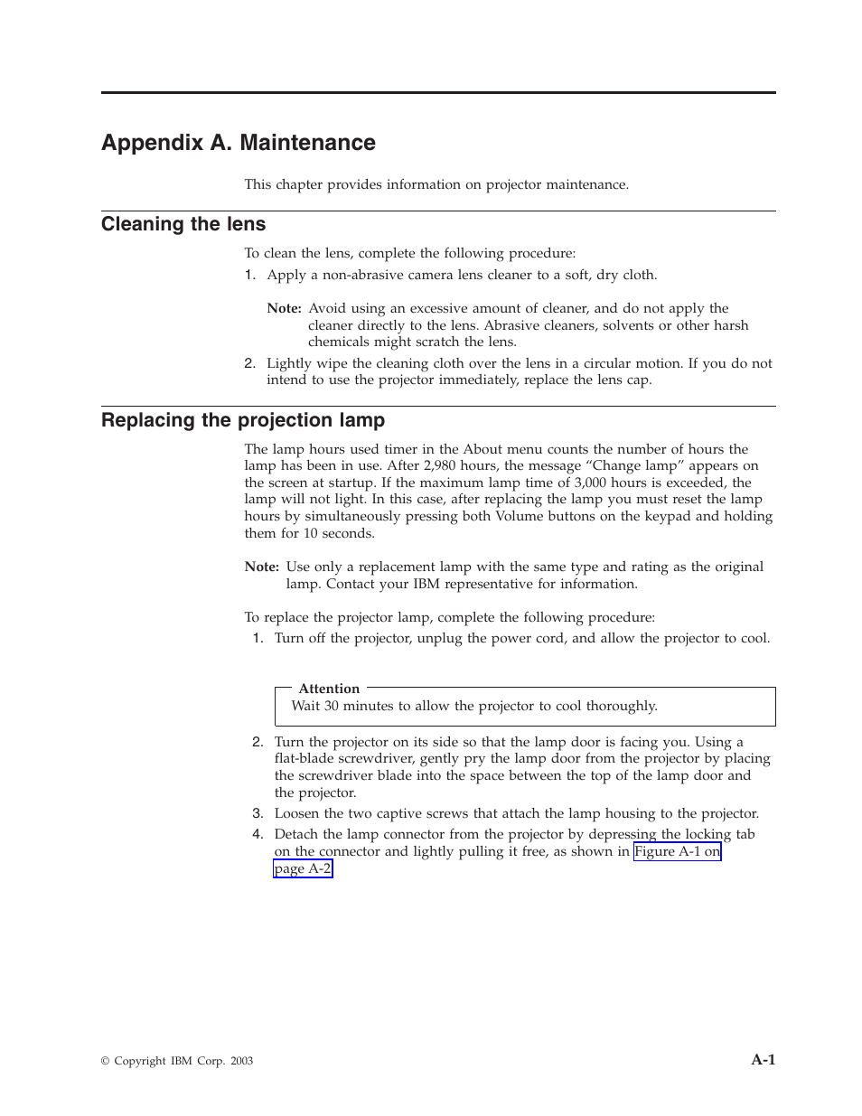 Appendix a. maintenance, Cleaning the lens, Replacing the projection lamp | Appendix a. maintenance . . . . . . a-1 | IBM Partner Pavilion iLV300 User Manual | Page 43 / 74