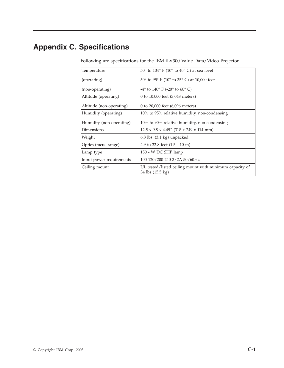 Appendix c. specifications | IBM Partner Pavilion iLV300 User Manual | Page 51 / 74
