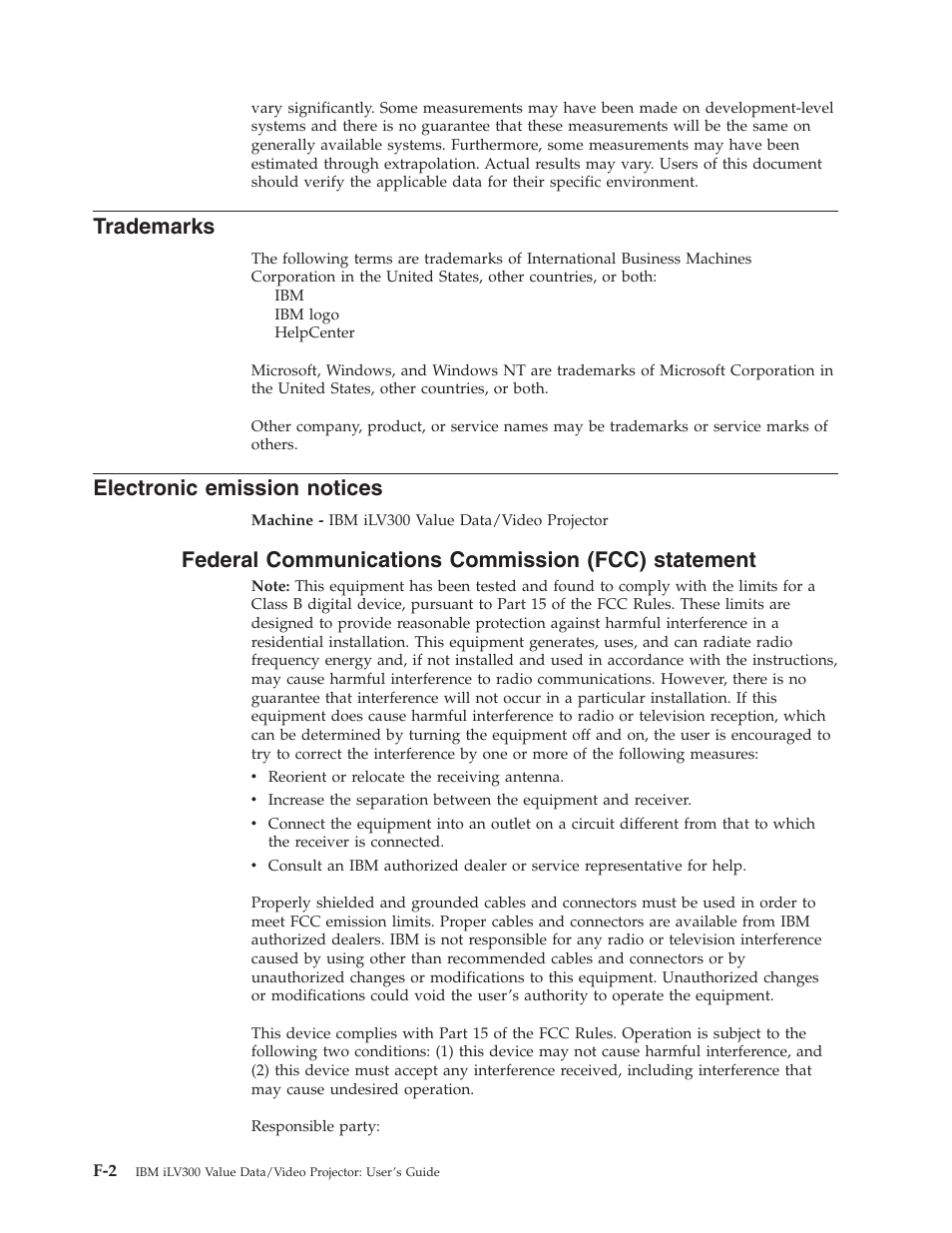 Trademarks, Electronic emission notices, Federal communications commission (fcc) statement | IBM Partner Pavilion iLV300 User Manual | Page 68 / 74