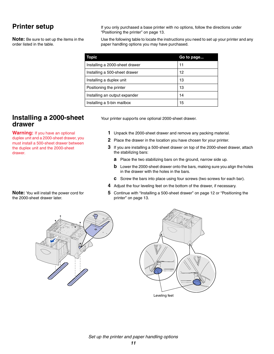 Printer setup, Installing a 2000sheet drawer, Printer setup installing a 2000-sheet drawer | Installing a 2000-sheet drawer | IBM Partner Pavilion 1464 User Manual | Page 11 / 44
