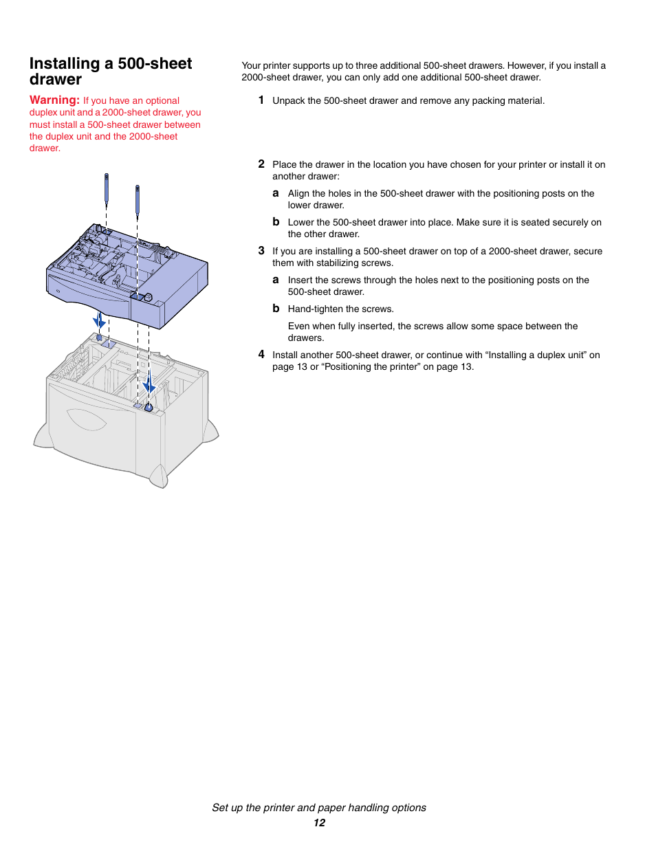 Installing a 500sheet drawer, B handtighten the screws, Installing a 500-sheet drawer | IBM Partner Pavilion 1464 User Manual | Page 12 / 44