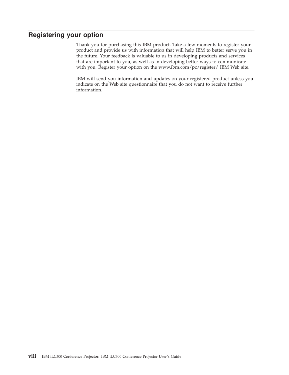Registering your option, Viii | IBM Partner Pavilion iLC300 User Manual | Page 10 / 62
