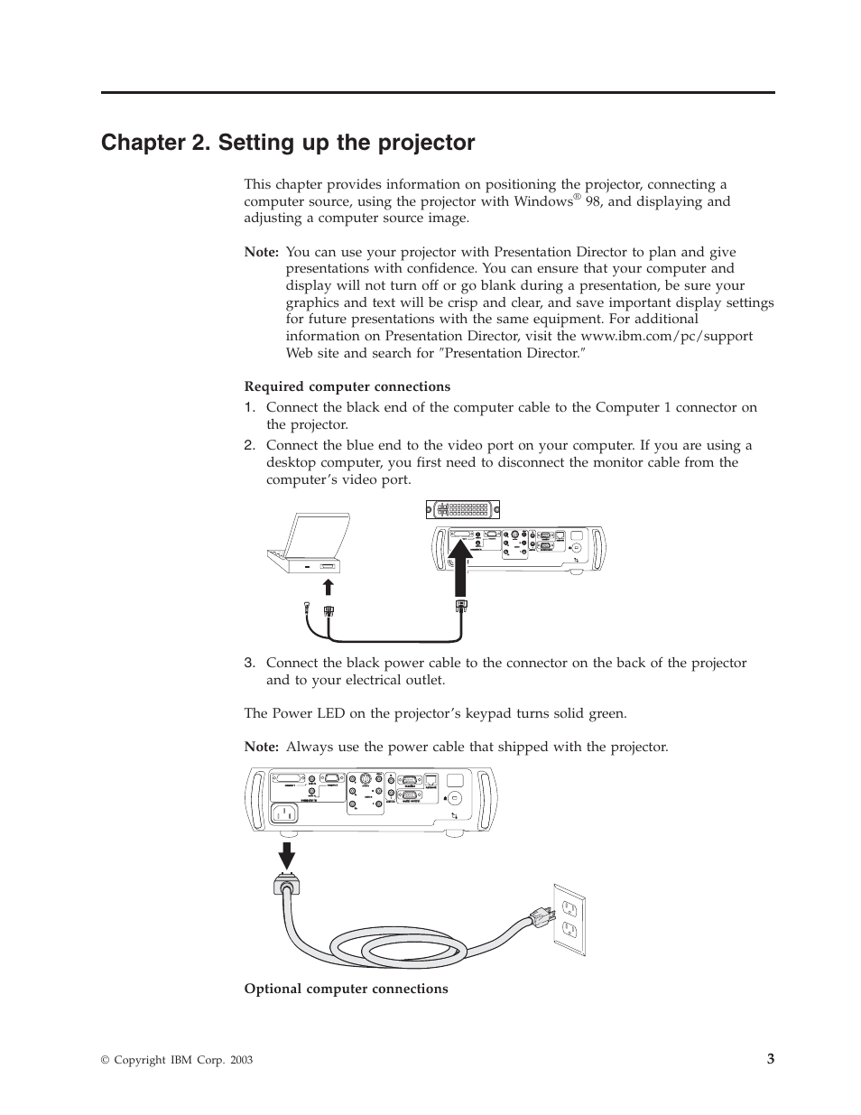 Chapter 2. setting up the projector, Optional computer connections, Computer 1 computer 2 computer 2 video | Audio in | IBM Partner Pavilion iLC300 User Manual | Page 13 / 62