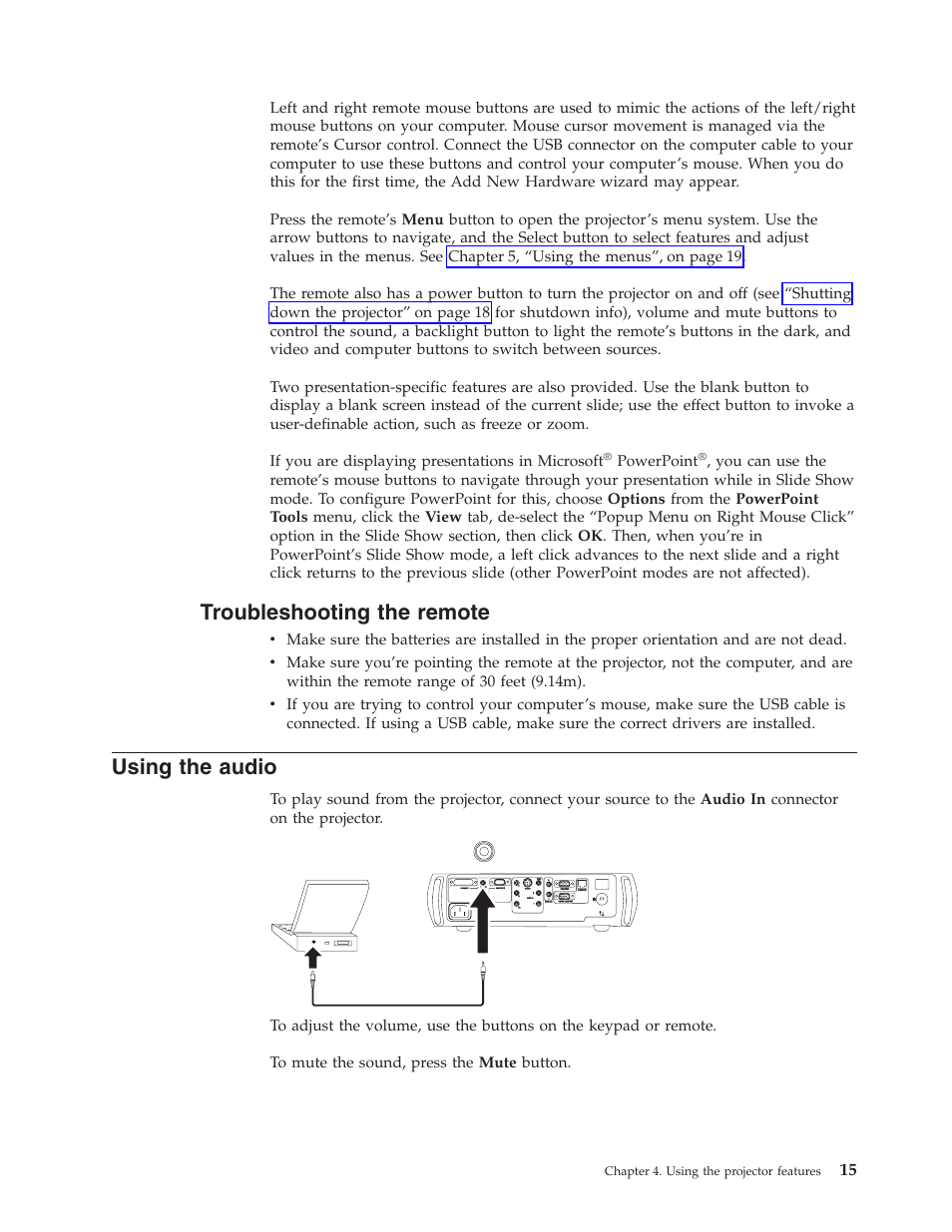 Troubleshooting the remote, Using the audio | IBM Partner Pavilion iLC300 User Manual | Page 25 / 62
