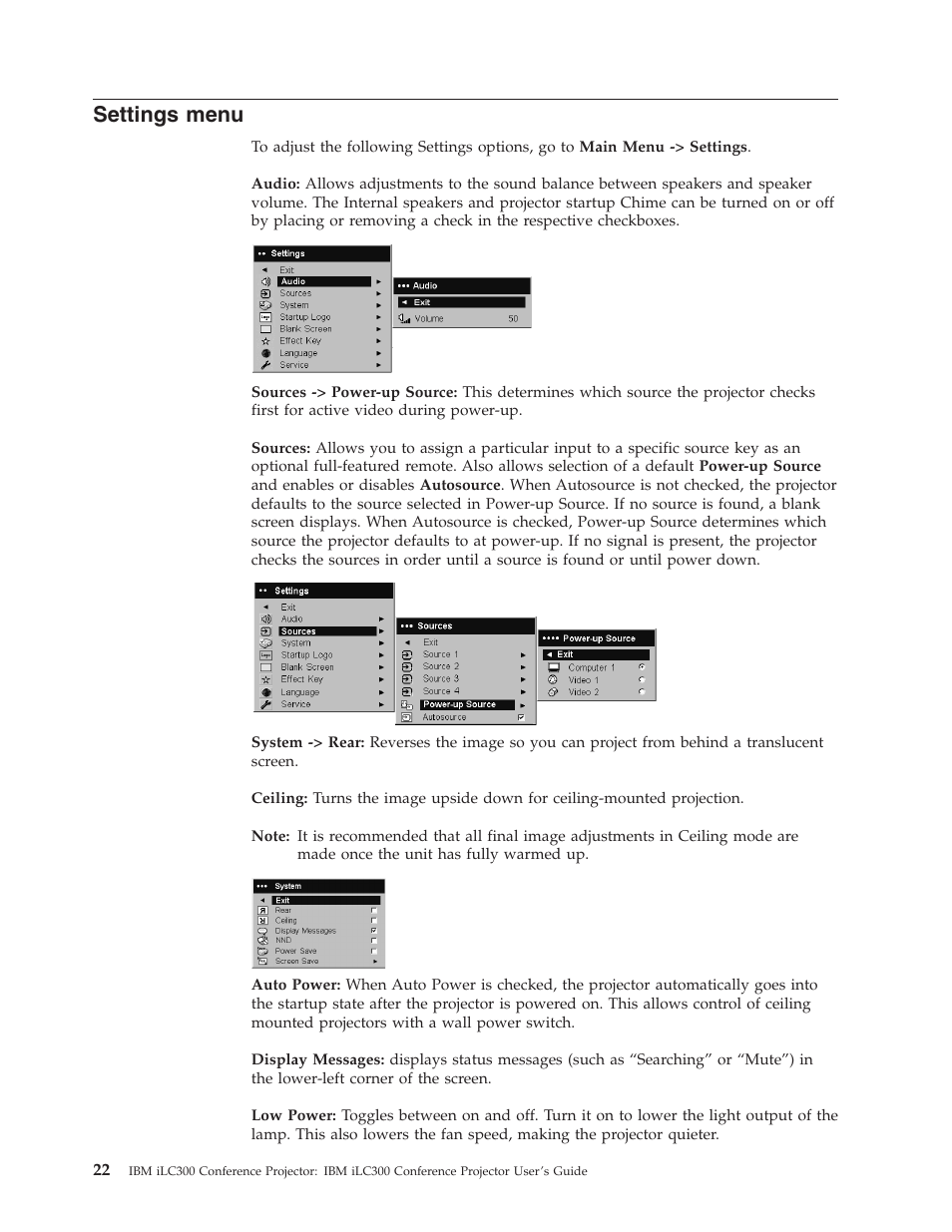 Settings menu | IBM Partner Pavilion iLC300 User Manual | Page 32 / 62