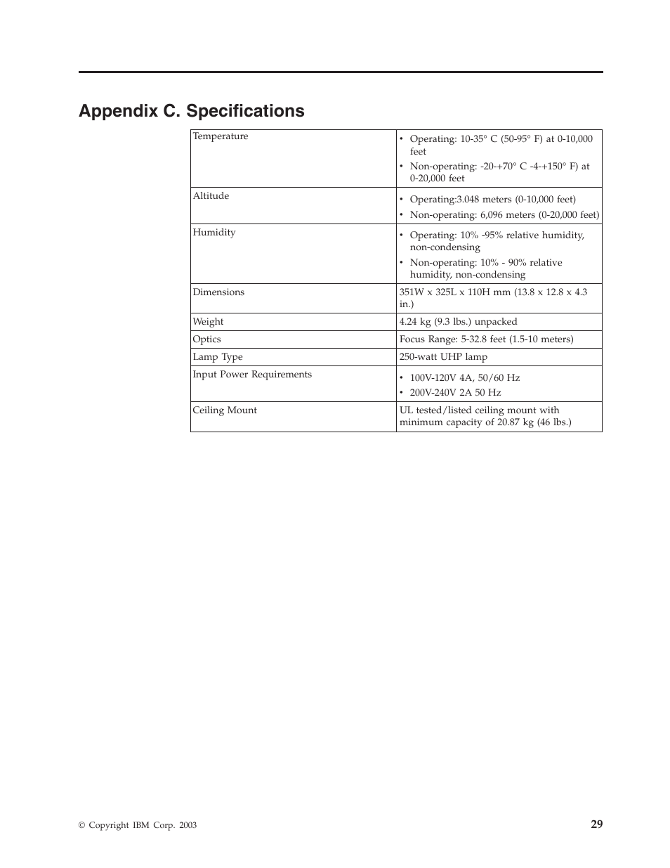 Appendix c. specifications | IBM Partner Pavilion iLC300 User Manual | Page 39 / 62