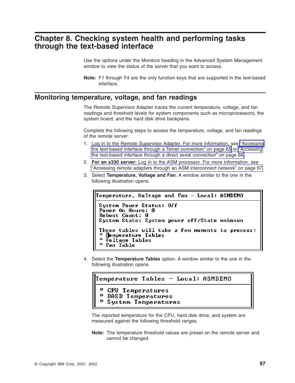 Monitoring temperature, voltage, and fan readings, Text-based interface | IBM Partner Pavilion Remote Supervisor Adapter User Manual | Page 103 / 124