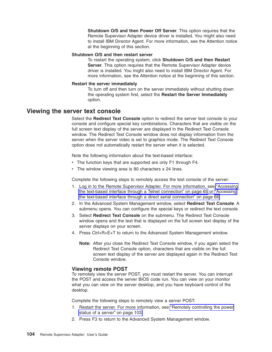 Viewing the server text console, Viewing remote post | IBM Partner Pavilion Remote Supervisor Adapter User Manual | Page 110 / 124