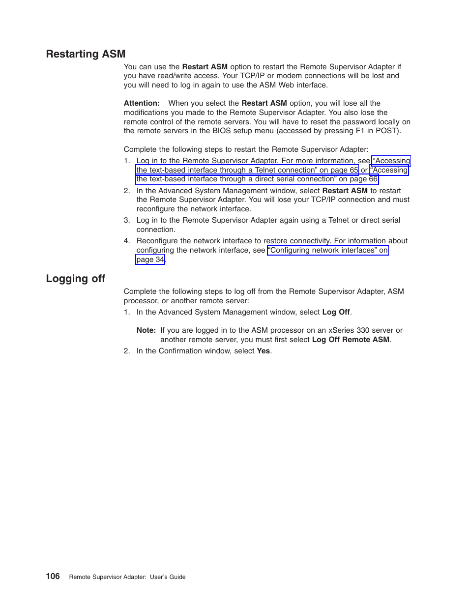 Restarting asm, Logging off, Restarting asm logging off | IBM Partner Pavilion Remote Supervisor Adapter User Manual | Page 112 / 124