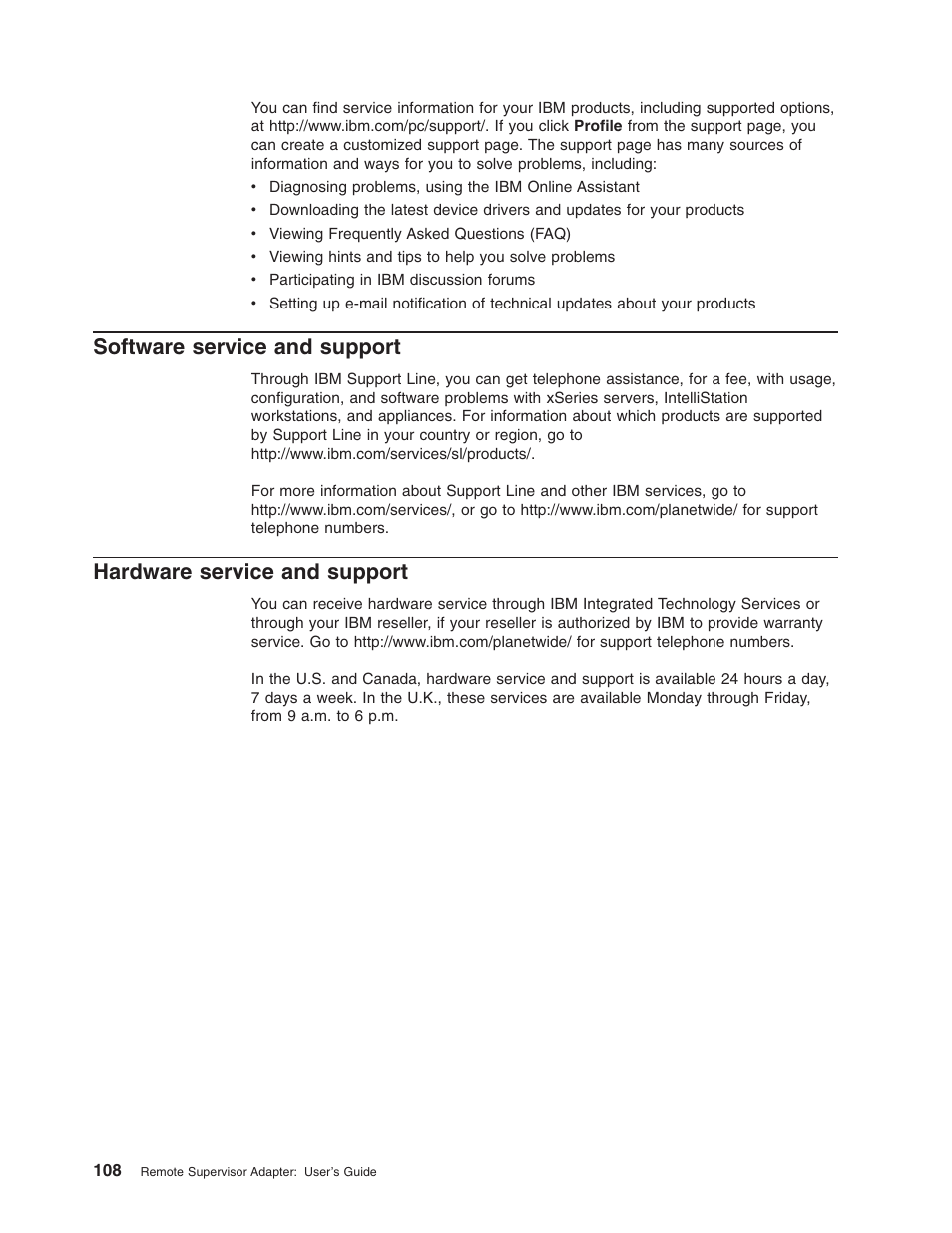 Software service and support, Hardware service and support | IBM Partner Pavilion Remote Supervisor Adapter User Manual | Page 114 / 124