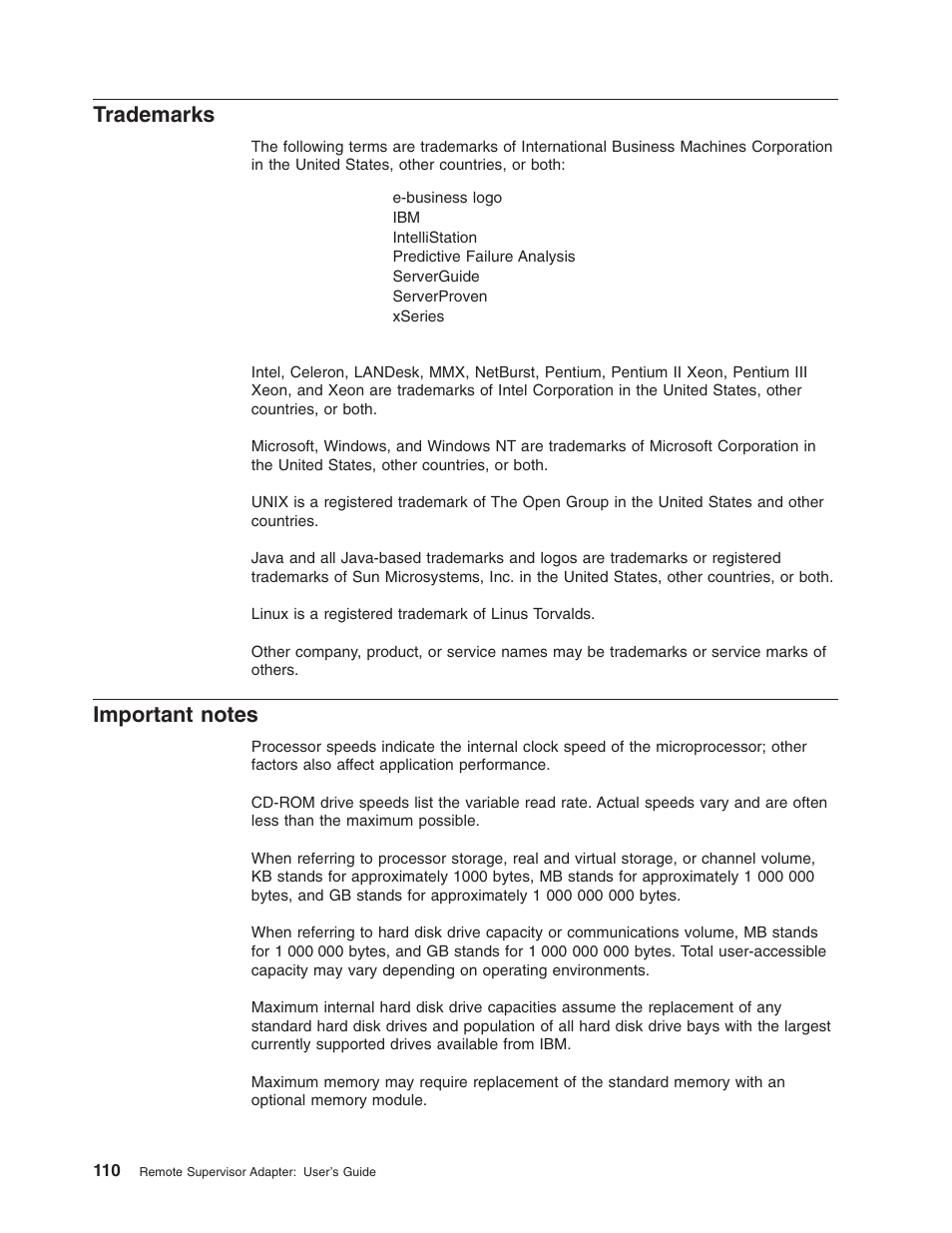 Trademarks, Important notes, Trademarks important notes | IBM Partner Pavilion Remote Supervisor Adapter User Manual | Page 116 / 124