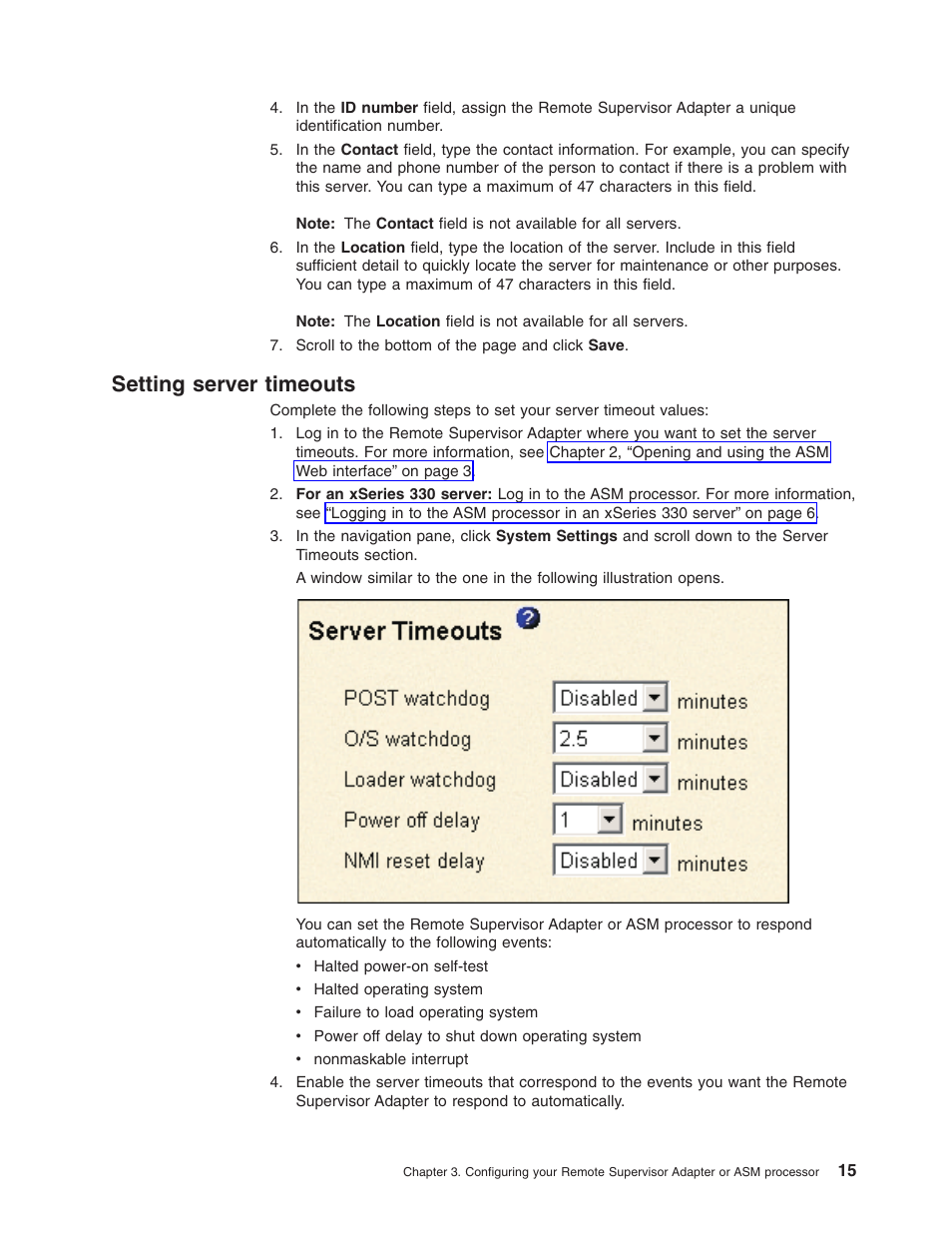 Setting server timeouts | IBM Partner Pavilion Remote Supervisor Adapter User Manual | Page 21 / 124