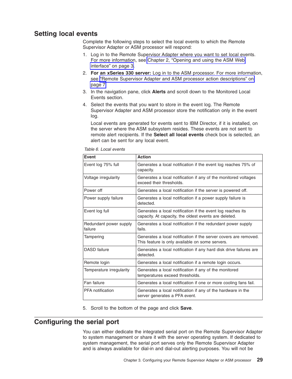 Setting local events, Configuring the serial port | IBM Partner Pavilion Remote Supervisor Adapter User Manual | Page 35 / 124