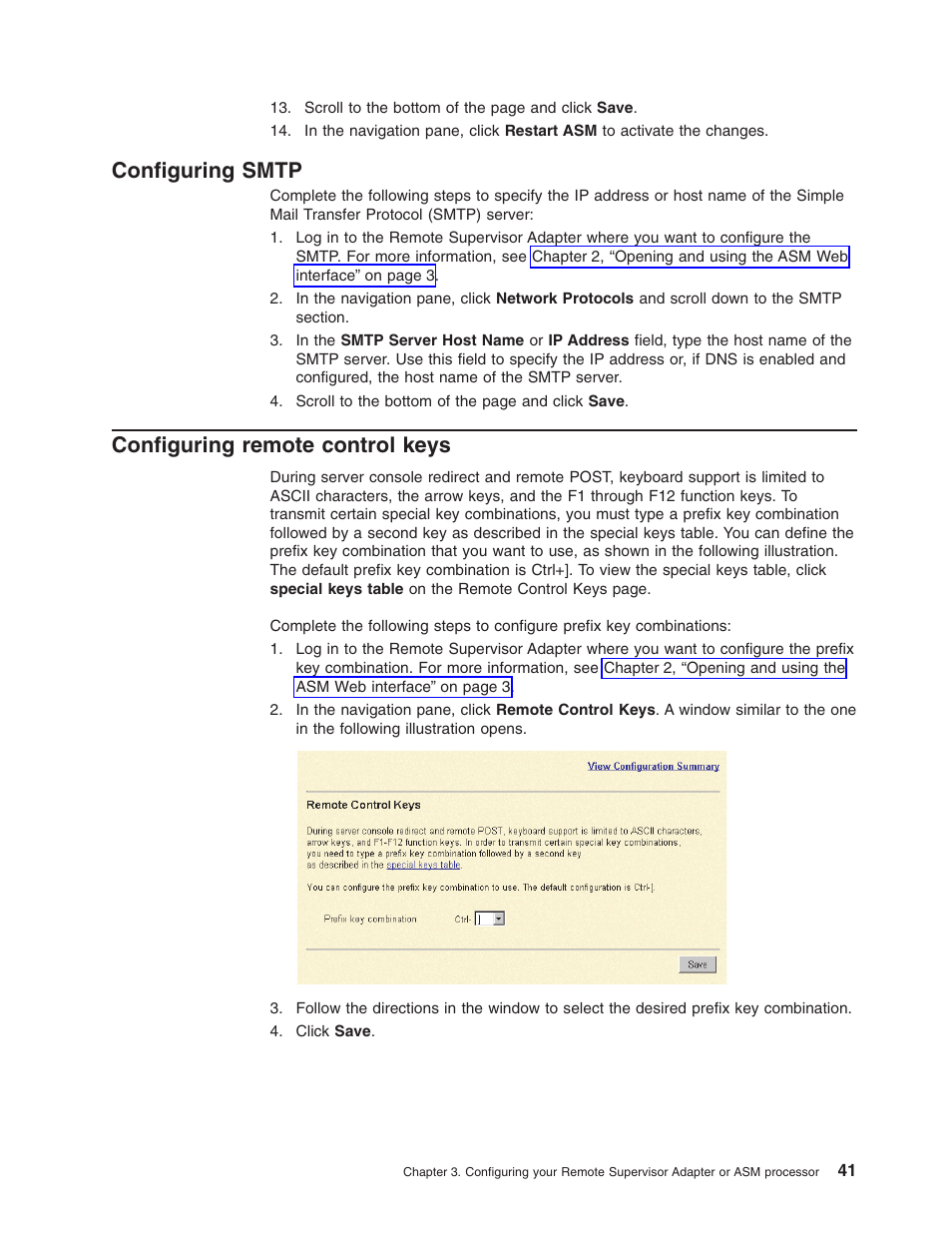 Configuring smtp, Configuring remote control keys | IBM Partner Pavilion Remote Supervisor Adapter User Manual | Page 47 / 124