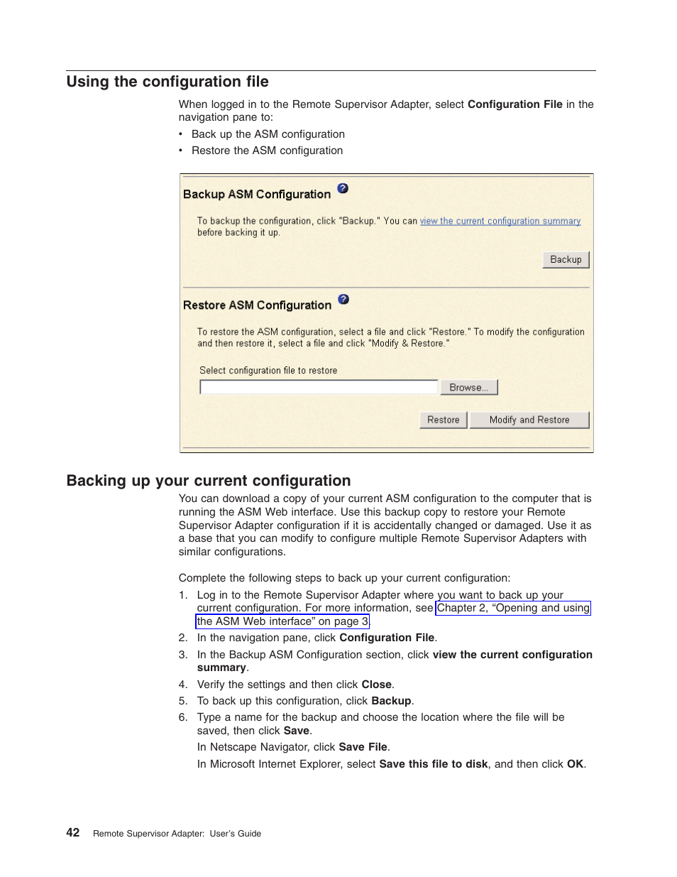 Using the configuration file, Backing up your current configuration | IBM Partner Pavilion Remote Supervisor Adapter User Manual | Page 48 / 124