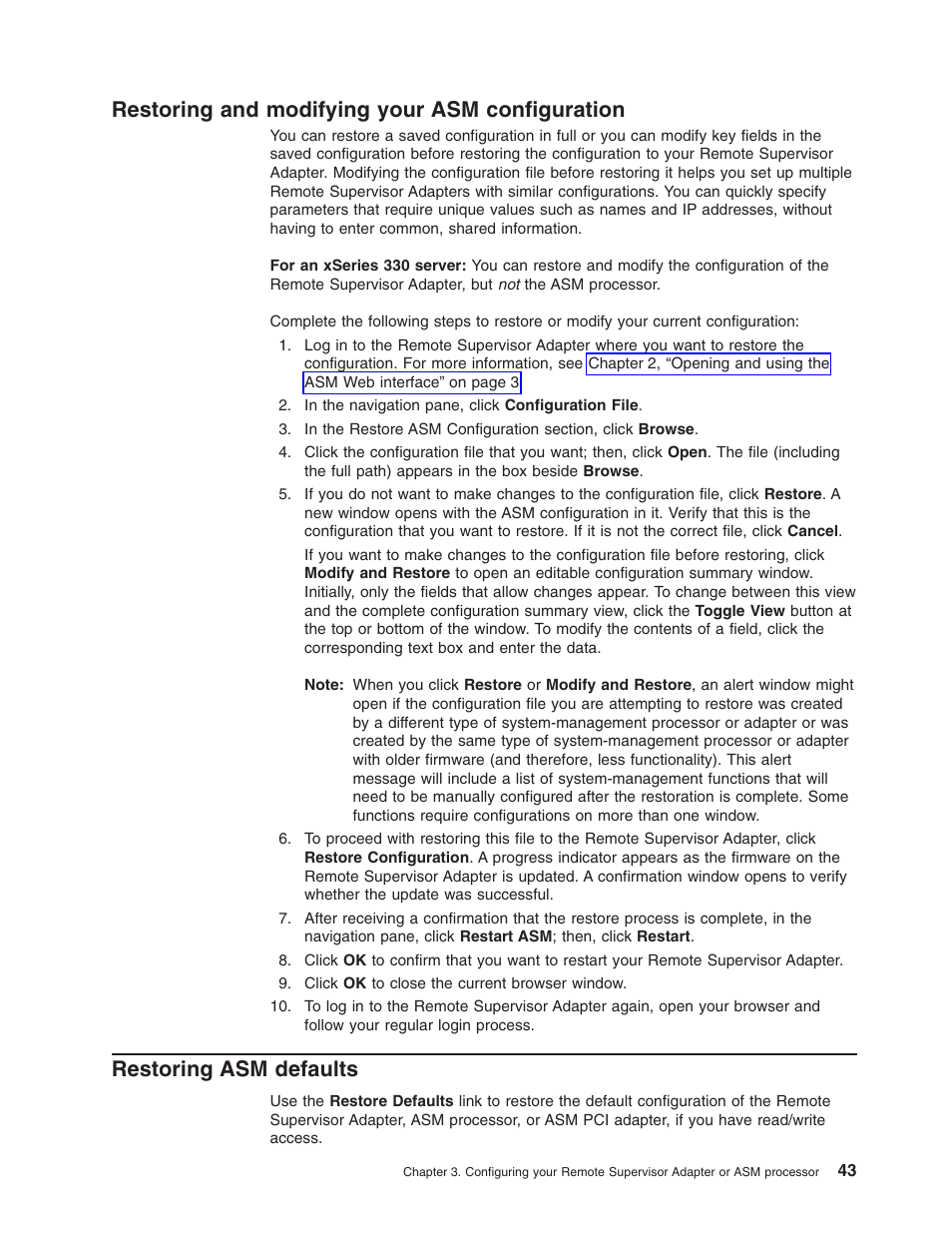 Restoring and modifying your asm configuration, Restoring asm defaults | IBM Partner Pavilion Remote Supervisor Adapter User Manual | Page 49 / 124