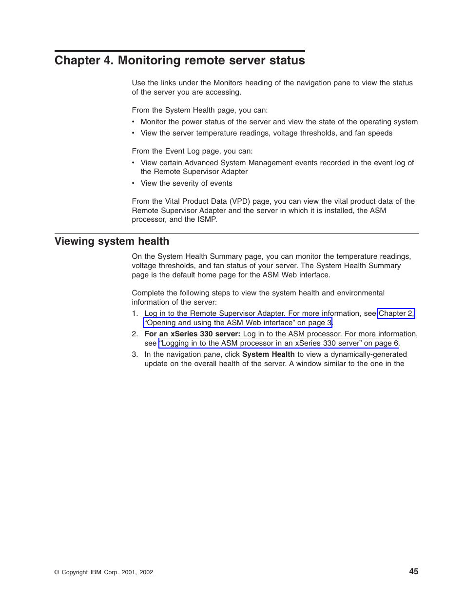 Chapter 4. monitoring remote server status, Viewing system health | IBM Partner Pavilion Remote Supervisor Adapter User Manual | Page 51 / 124