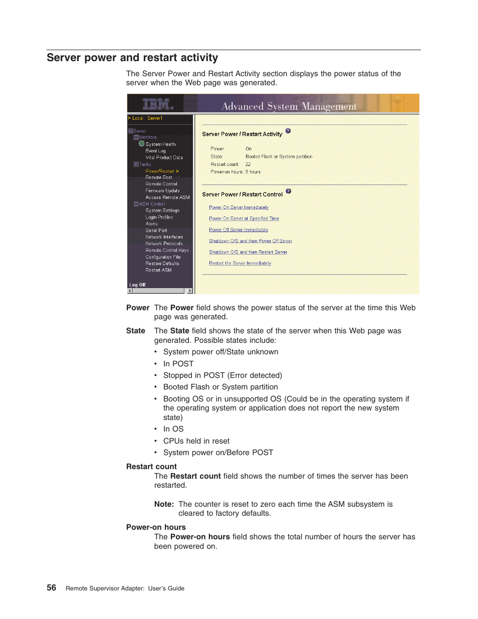 Server power and restart activity | IBM Partner Pavilion Remote Supervisor Adapter User Manual | Page 62 / 124