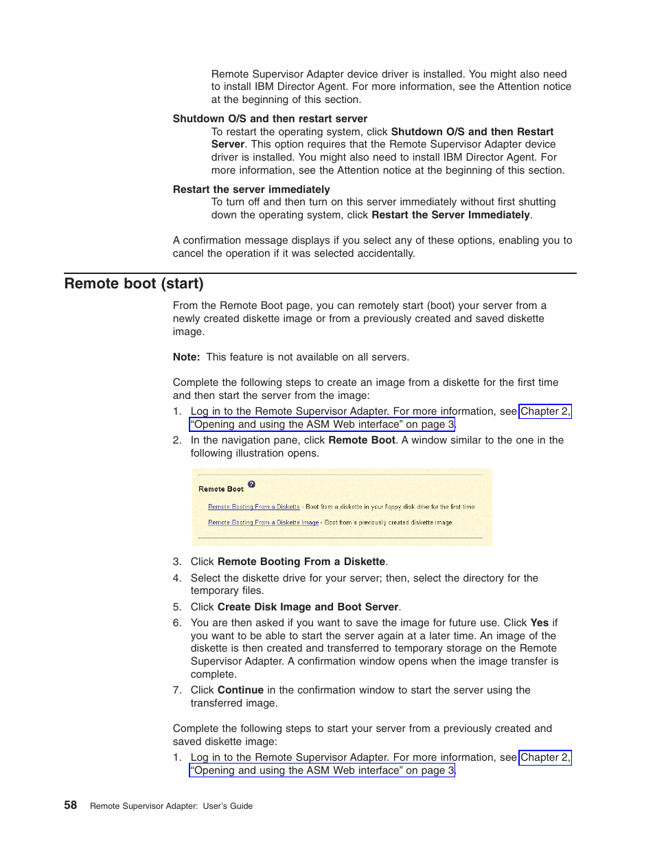 Remote boot (start) | IBM Partner Pavilion Remote Supervisor Adapter User Manual | Page 64 / 124