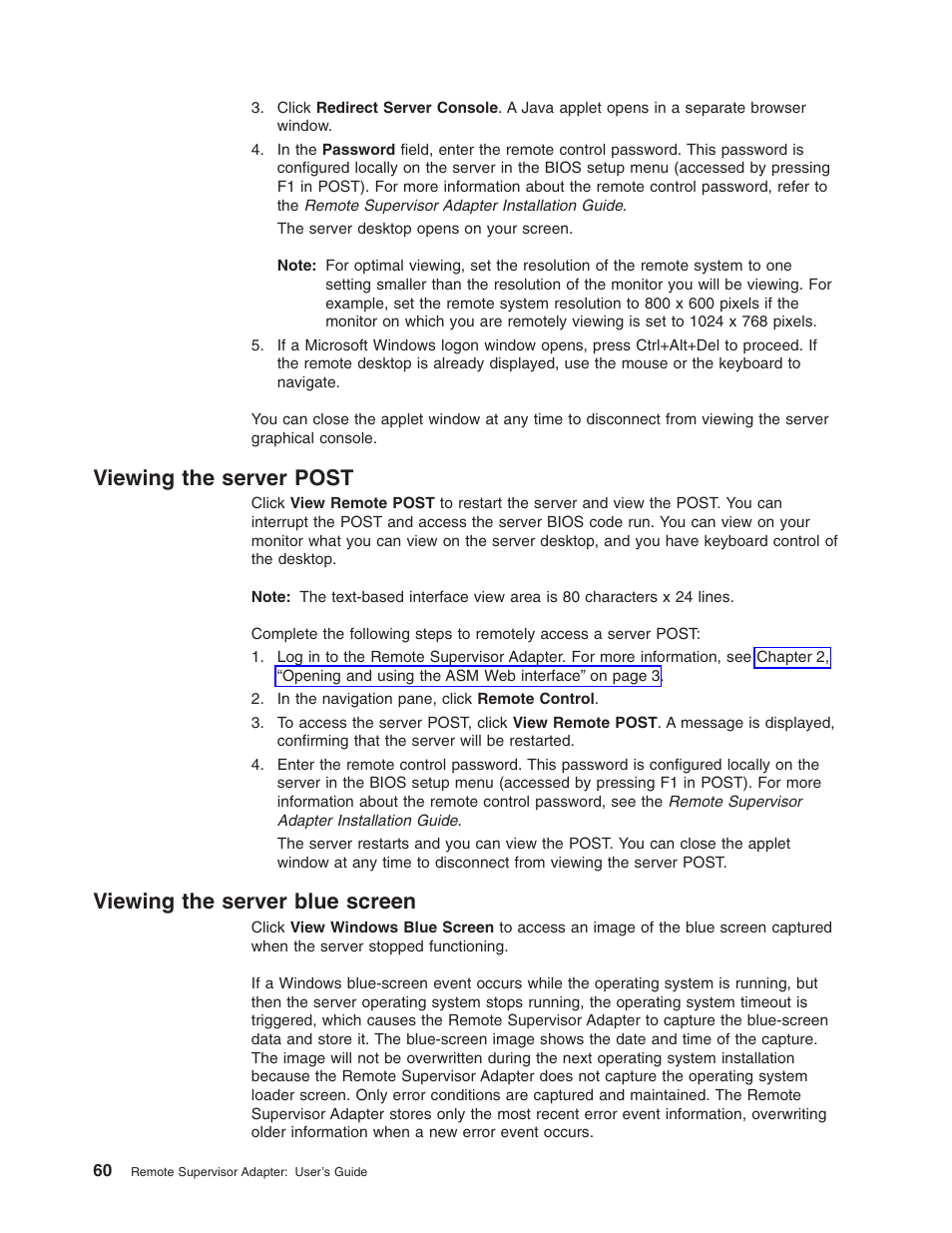 Viewing the server post, Viewing the server blue screen | IBM Partner Pavilion Remote Supervisor Adapter User Manual | Page 66 / 124
