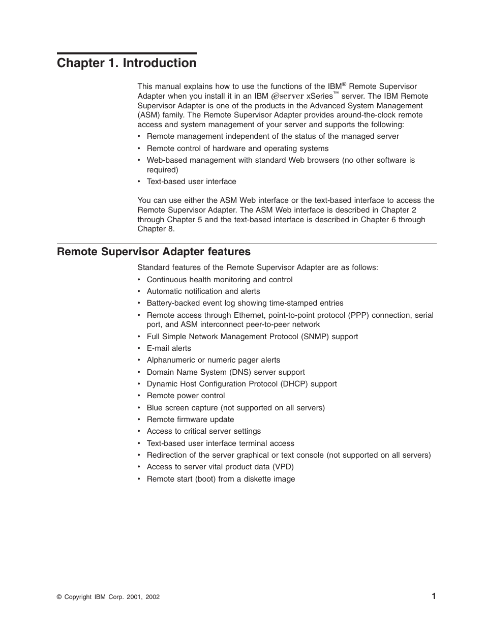 Chapter 1. introduction, Remote supervisor adapter features | IBM Partner Pavilion Remote Supervisor Adapter User Manual | Page 7 / 124