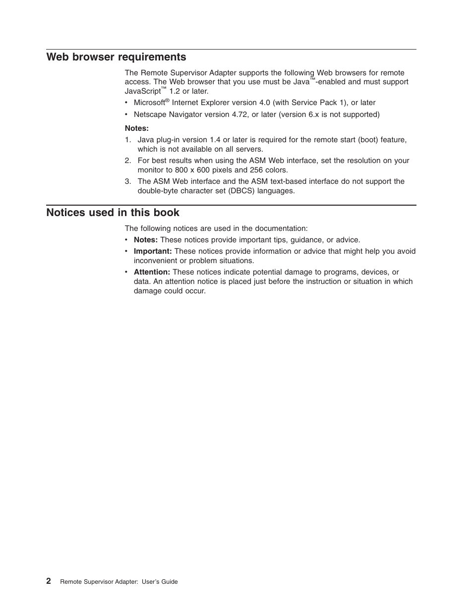 Web browser requirements, Notices used in this book, Web browser requirements notices used in this book | IBM Partner Pavilion Remote Supervisor Adapter User Manual | Page 8 / 124