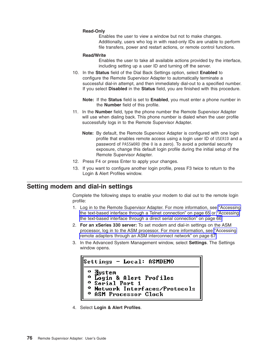 Setting modem and dial-in settings | IBM Partner Pavilion Remote Supervisor Adapter User Manual | Page 82 / 124