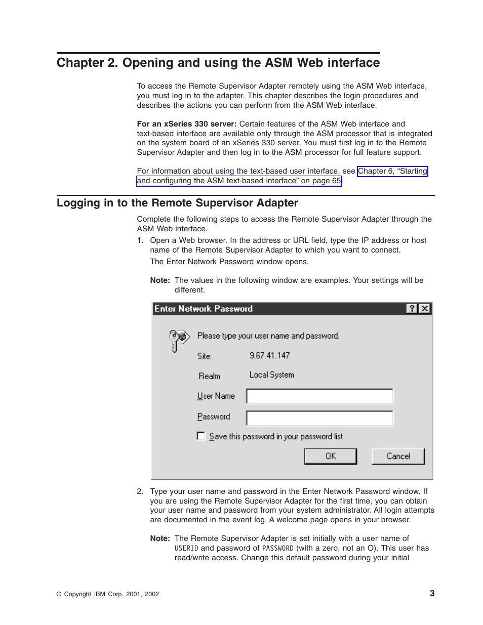 Chapter 2. opening and using the asm web interface, Logging in to the remote supervisor adapter | IBM Partner Pavilion Remote Supervisor Adapter User Manual | Page 9 / 124