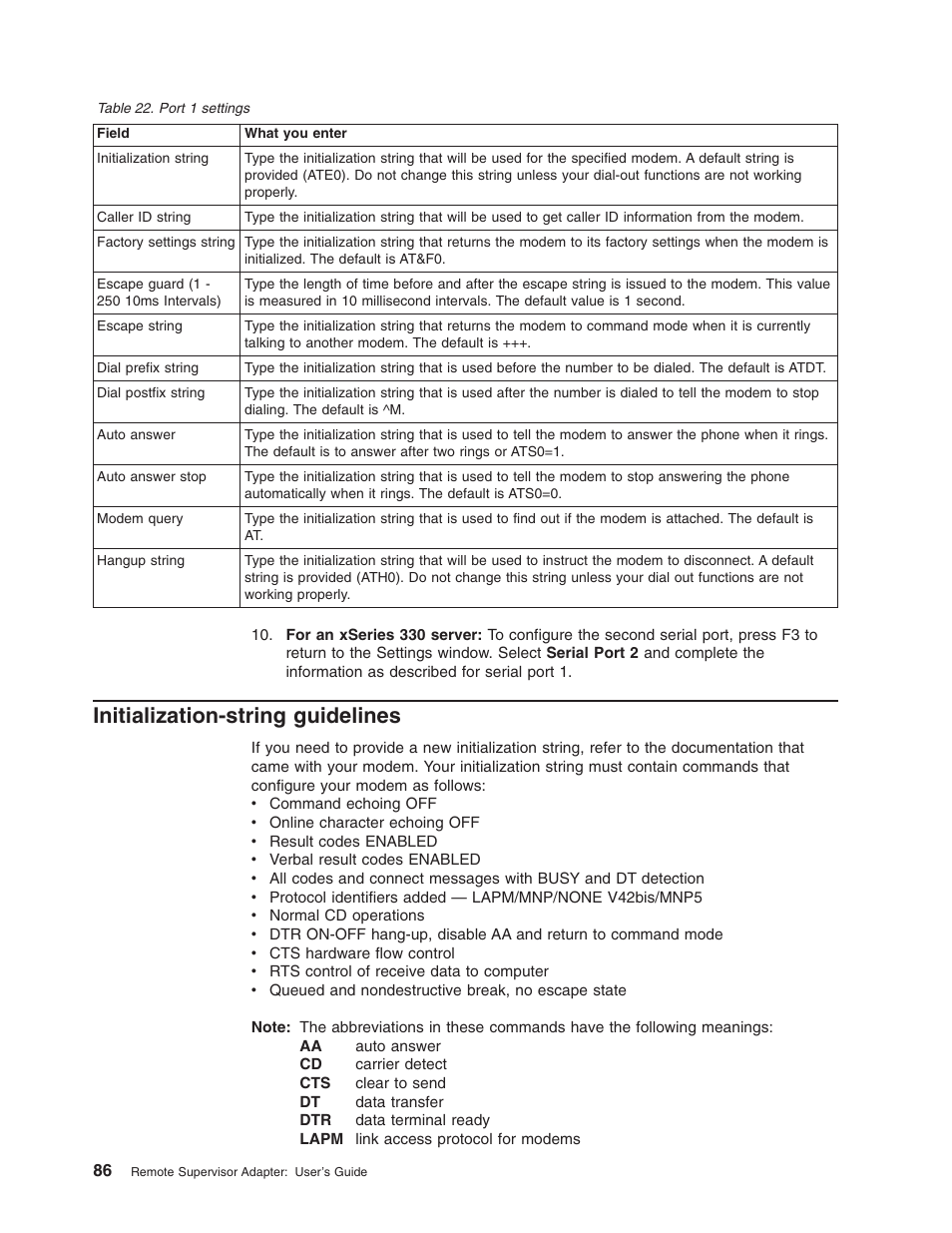Initialization-string guidelines | IBM Partner Pavilion Remote Supervisor Adapter User Manual | Page 92 / 124