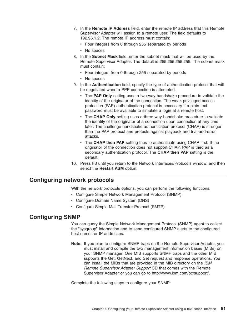 Configuring network protocols, Configuring snmp | IBM Partner Pavilion Remote Supervisor Adapter User Manual | Page 97 / 124