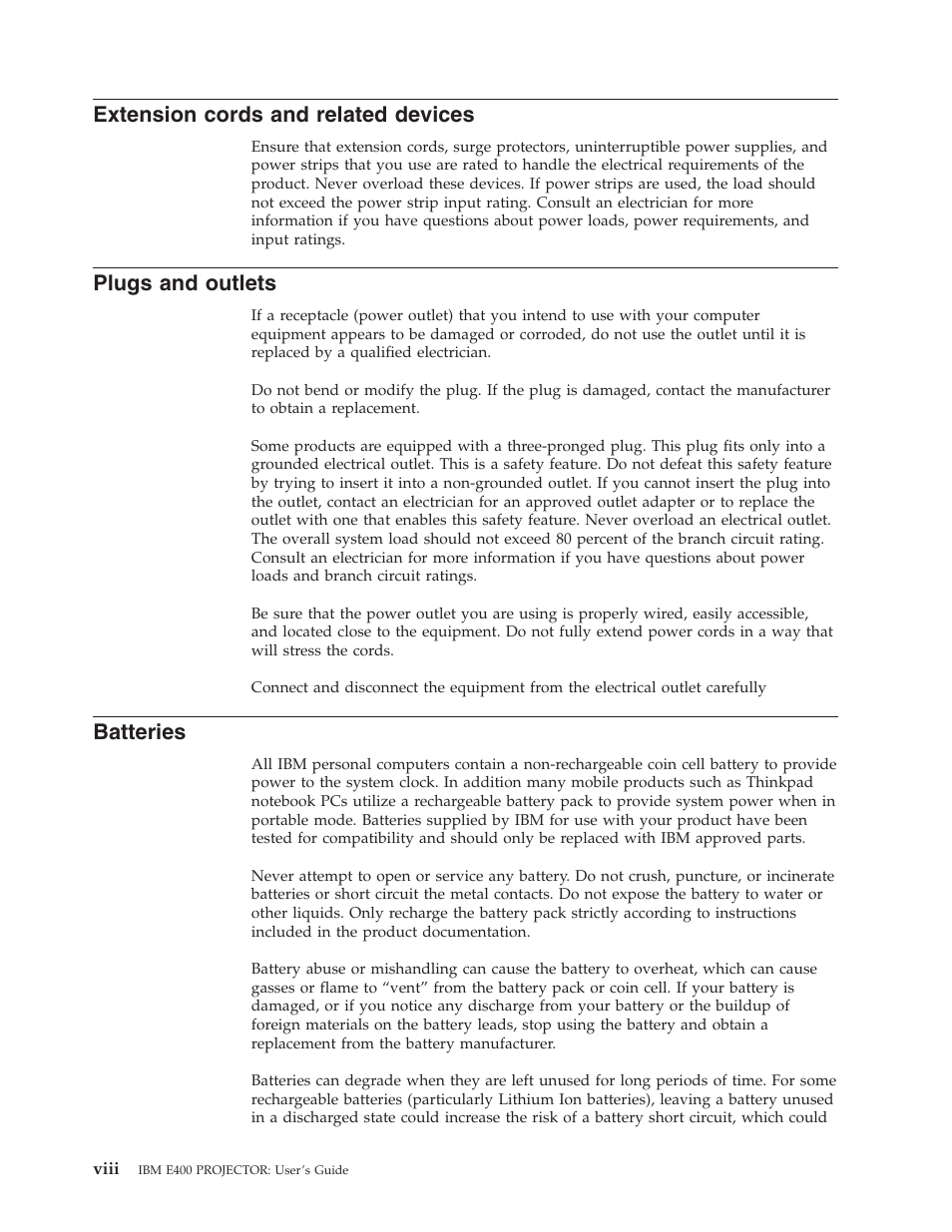 Extension cords and related devices, Plugs and outlets, Batteries | Extension, Cords, Related, Devices, Viii, Plugs, Outlets | IBM Partner Pavilion PROJECTOR E400 User Manual | Page 10 / 76