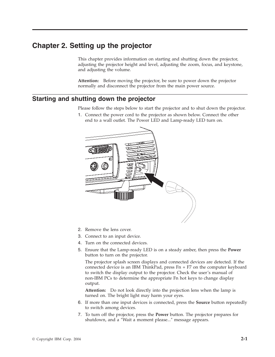 Chapter 2. setting up the projector, Starting and shutting down the projector, Chapter | Setting, Projector, Starting, Shutting, Down | IBM Partner Pavilion PROJECTOR E400 User Manual | Page 21 / 76