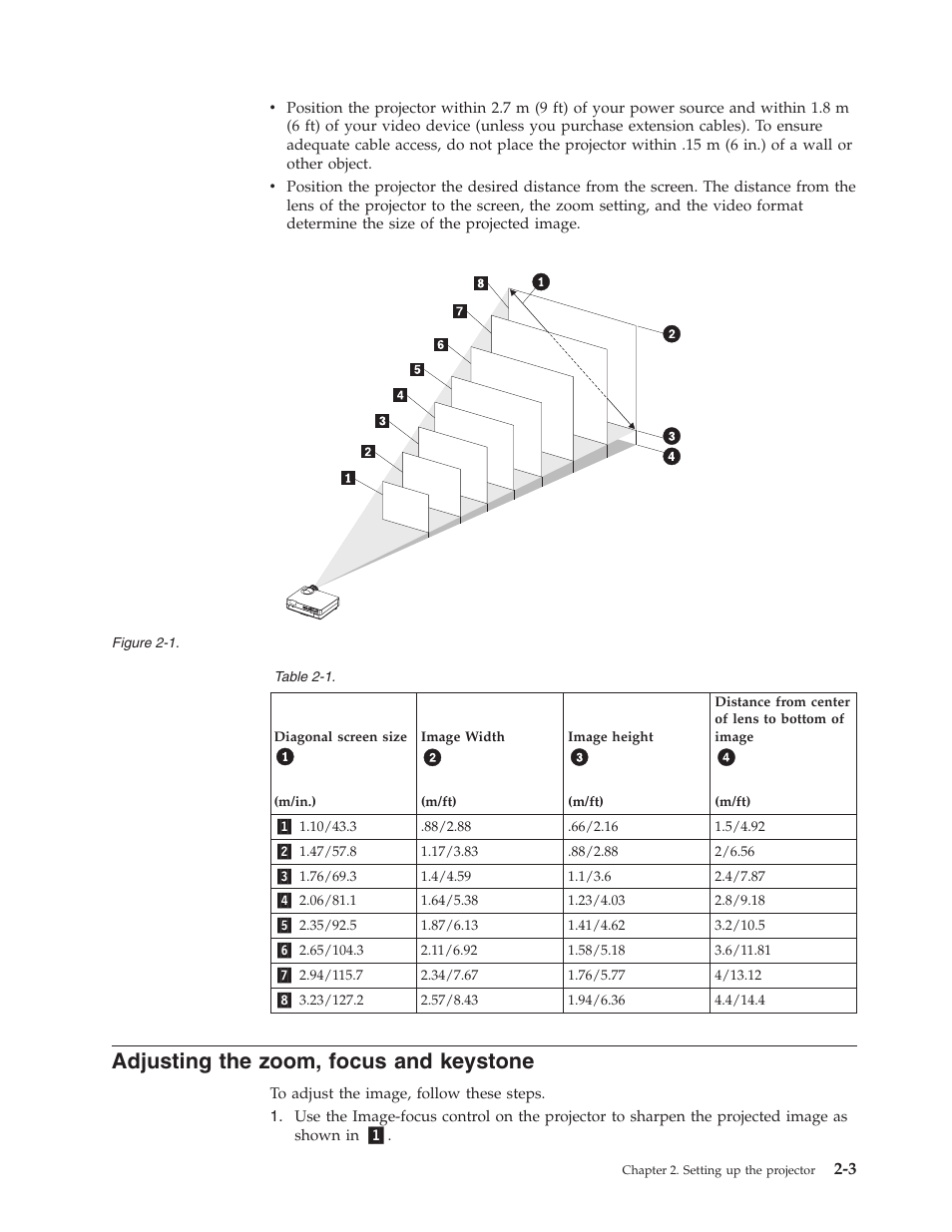 Adjusting the zoom, focus and keystone, Adjusting, Zoom | Focus, Keystone | IBM Partner Pavilion PROJECTOR E400 User Manual | Page 23 / 76