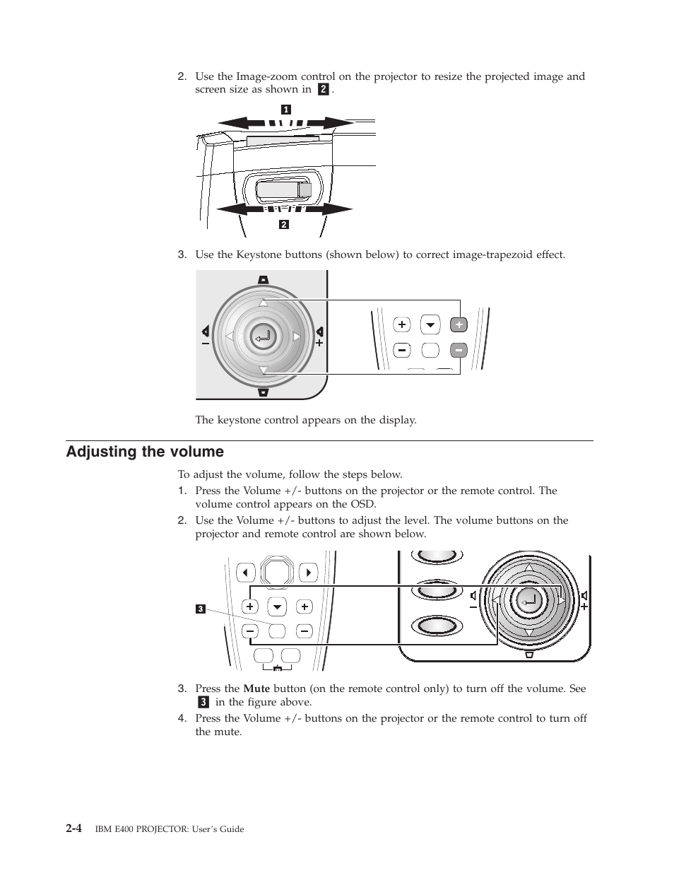 Adjusting the volume, Adjusting, Volume | IBM Partner Pavilion PROJECTOR E400 User Manual | Page 24 / 76