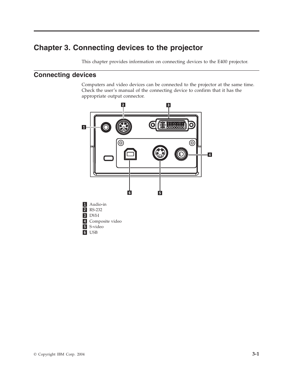 Chapter 3. connecting devices to the projector, Connecting devices, Chapter | Connecting, Devices, Projector | IBM Partner Pavilion PROJECTOR E400 User Manual | Page 25 / 76