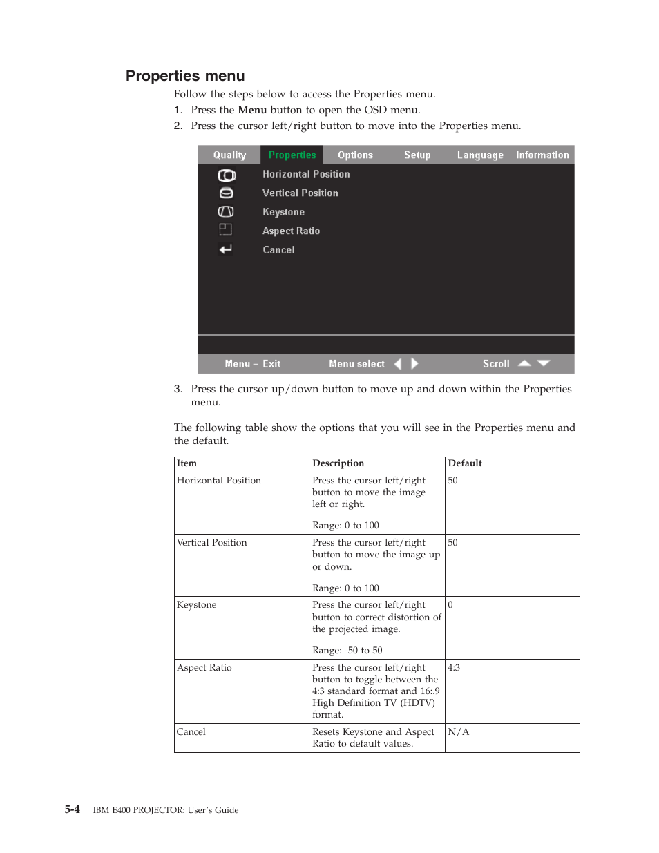 Properties menu, Properties, Menu | IBM Partner Pavilion PROJECTOR E400 User Manual | Page 34 / 76